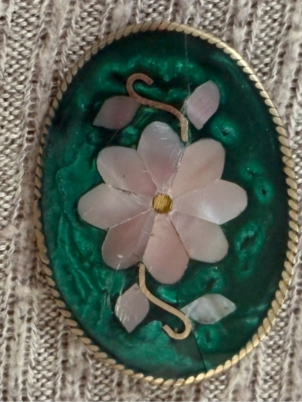 Vintage Mexico signed silver tone green & pink mother of pearl flower brooch